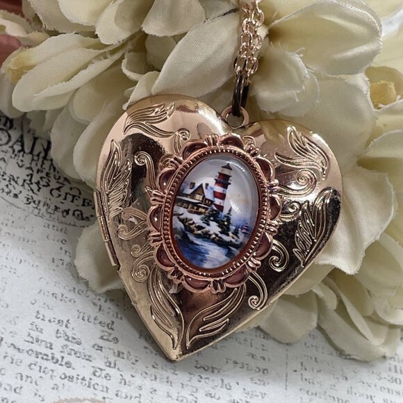 Beach Sailor Lighthouse Mom Wife Christmas Rose Gold Heart Locket Anniversary - Picture 4 of 13